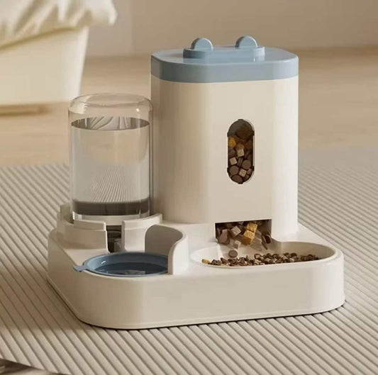 Pet auto feeder water fountain with dual food and water bowls, automatic gravity distribution for easy use.