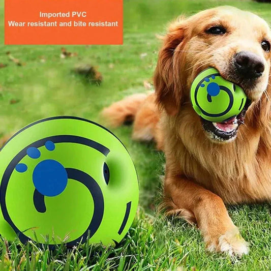 Giggling Glow Ball for Dogs in a field with a happy dog holding it, emphasizing playtime and durability with glow-in-the-dark features.