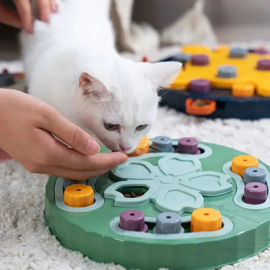 Interactive paw puzzle feeder toy for cats and dogs, promoting mental stimulation and healthy eating habits.