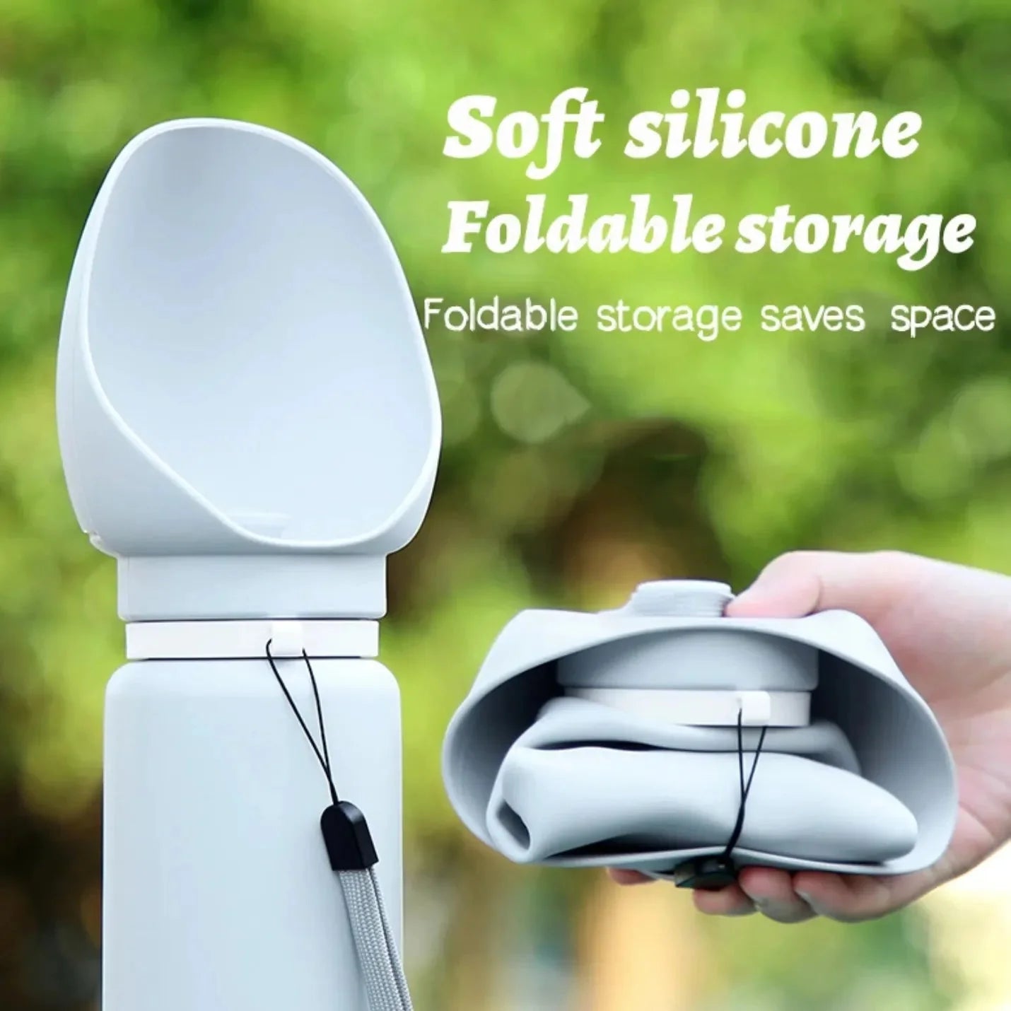 Soft silicone folding pet water dispenser with a large drinking trough and 550ml capacity, ideal for outdoor use.