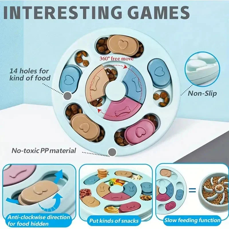 Paw Puzzle Feeder for dogs, interactive toy with 14 treat compartments, promotes slow eating and mental stimulation.