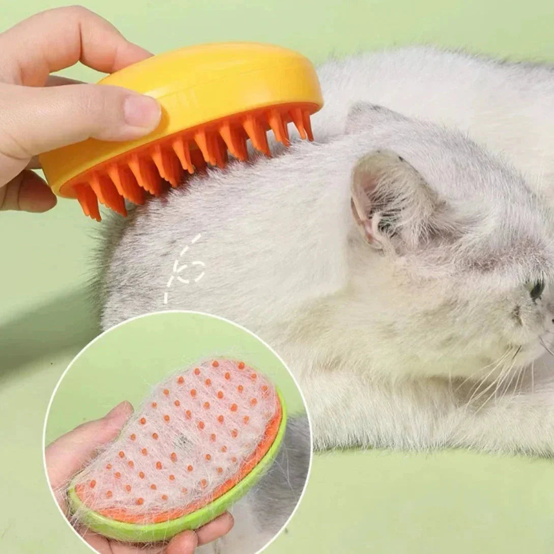Pet grooming spray and massage comb being used on a cat for effective hair removal.