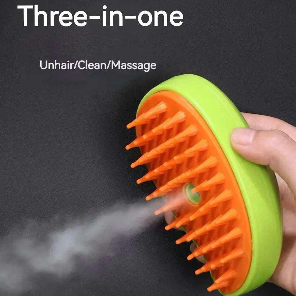 Pet grooming spray and massage comb in use for effective pet hair removal.