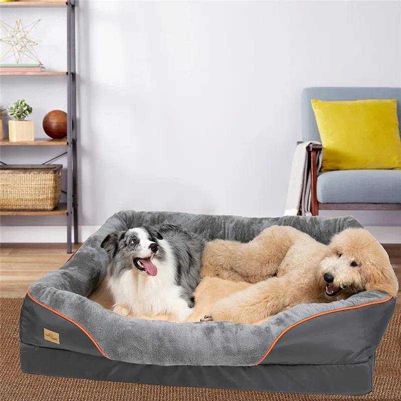 Orthopedic dog bed with memory foam and bolstered sides featuring two dogs relaxing comfortably.