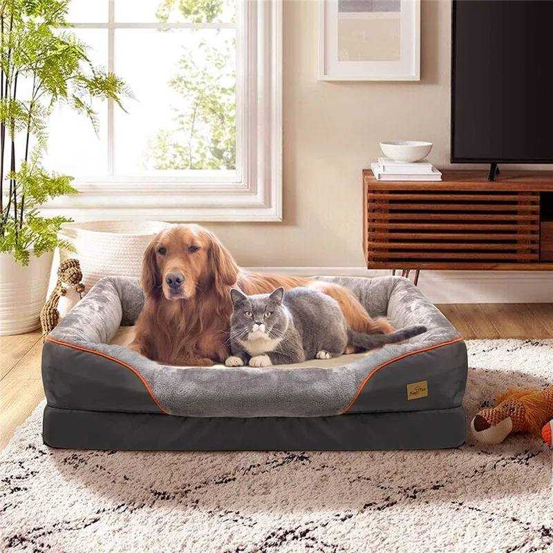 Orthopedic dog bed with memory foam and bolstered sides for joint support, featuring a waterproof cover and suitable for dogs of all sizes.