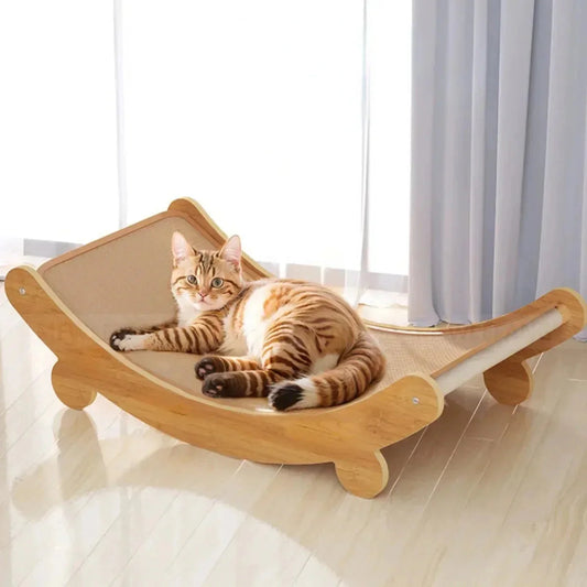Wooden cat scratching recliner with a cat lounging on it.