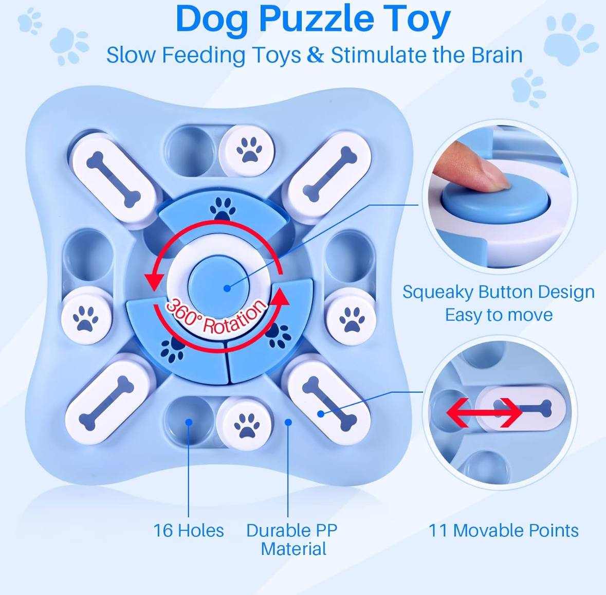 Interactive dog puzzle toy with treat dispenser, featuring 16 holes, squeaky button design, and 360° rotation for mental stimulation and boredom reduction.